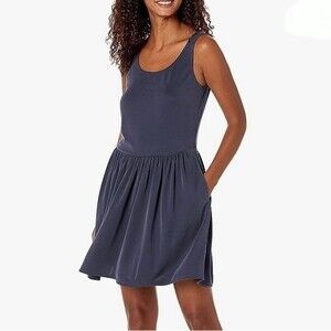 NEW Rebecca Taylor Ruched Skirt Drop Waist Tank Dress Navy Blue Size L